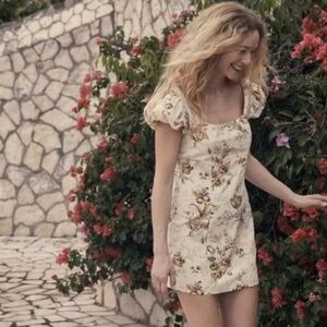 NWT Doen Marcie Cream Floral Puff Sleeves Mini Dress M